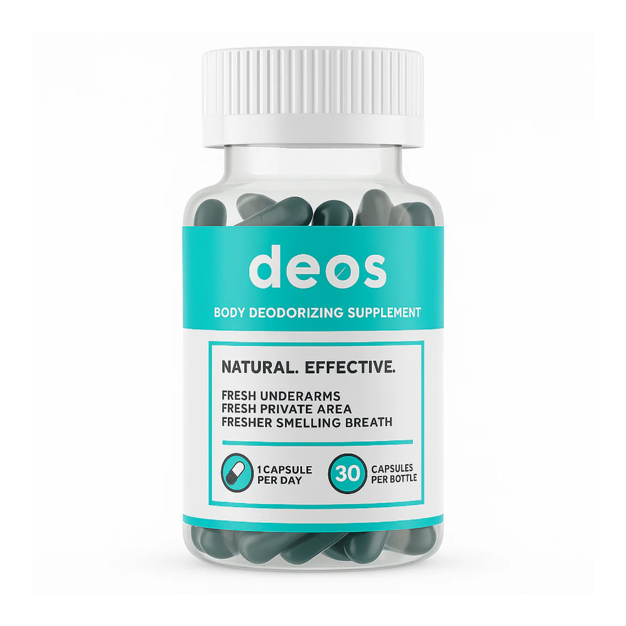 Deos™ Suplemento desodorizante interno elimina el mal olor corporal desde adentro sin aerosoles ni químicos en la piel.